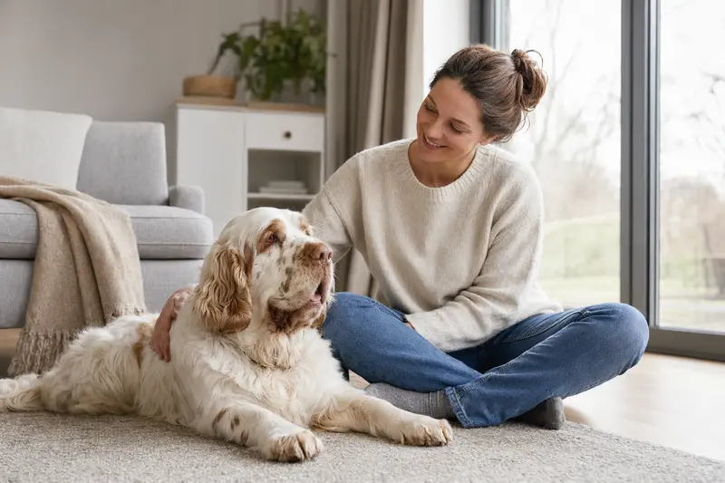 Ein glücklicher Clumber-Spaniel sitzt entspannt neben seinem Halter in einer hellen Wohnung.