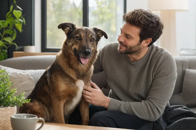 Ein glücklicher Coban Hirtenhund sitzt entspannt neben seinem Besitzer in einer modernen Wohnung.