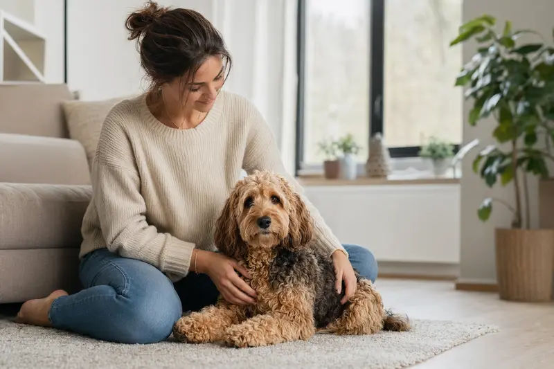 Ein glücklicher Cockapoo-Hund sitzt entspannt neben seinem Halter in einer modernen Wohnung.
