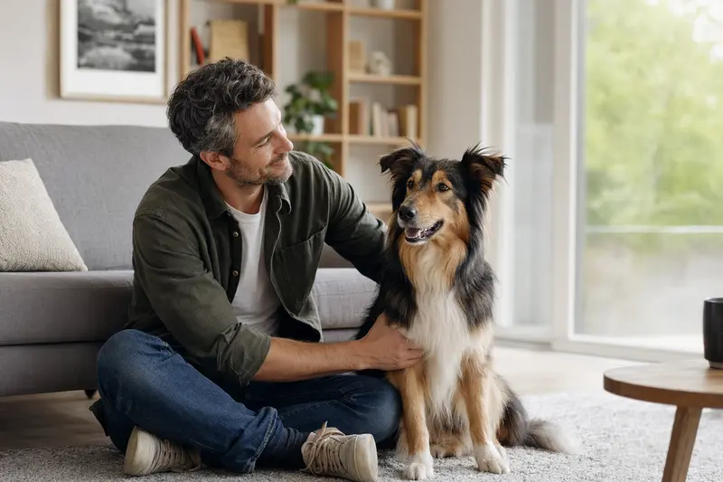 Ein entspannter Collie sitzt neben seinem Halter in einer modernen Wohnung und strahlt Zufriedenheit aus.