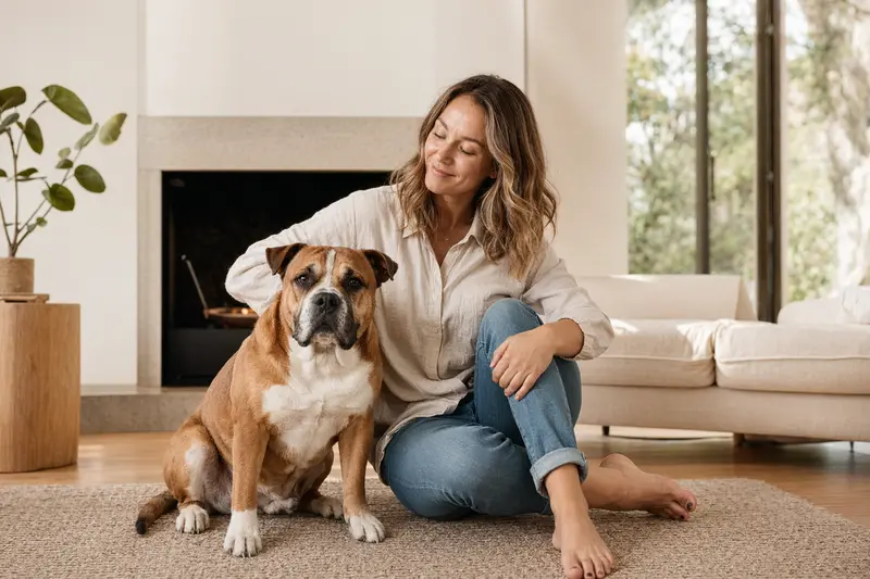 Ein zufriedener Continental Bulldog sitzt neben seinem Besitzer in einer lichtdurchfluteten Wohnung und vermittelt Vertrauen.