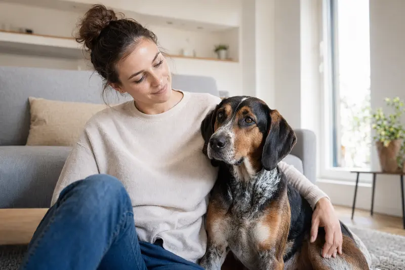 Ein glücklicher Coonhound sitzt entspannt neben seinem Besitzer in einer modernen Wohnung und genießt das natürliche Licht.