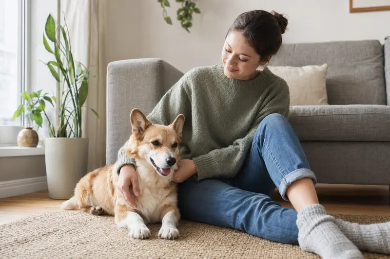 Ein glücklicher Corgi sitzt neben seinem Halter in einer modernen Wohnung und strahlt Wohlbefinden aus.
