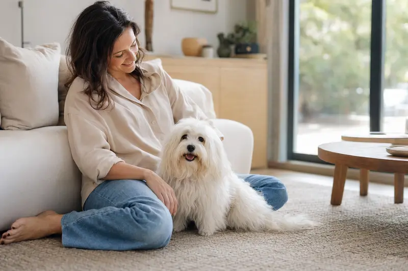Ein glücklicher Coton de Tulear sitzt entspannt neben seinem Besitzer in einer hellen, modernen Wohnung.