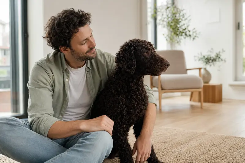 Ein entspannter Curly-Coated Retriever sitzt neben seinem Besitzer in einer modernen Wohnung und strahlt Zufriedenheit aus.