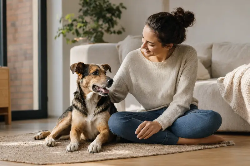Glücklicher Da Capo Dog sitzt entspannt neben seinem Besitzer in einer modernen Wohnung.