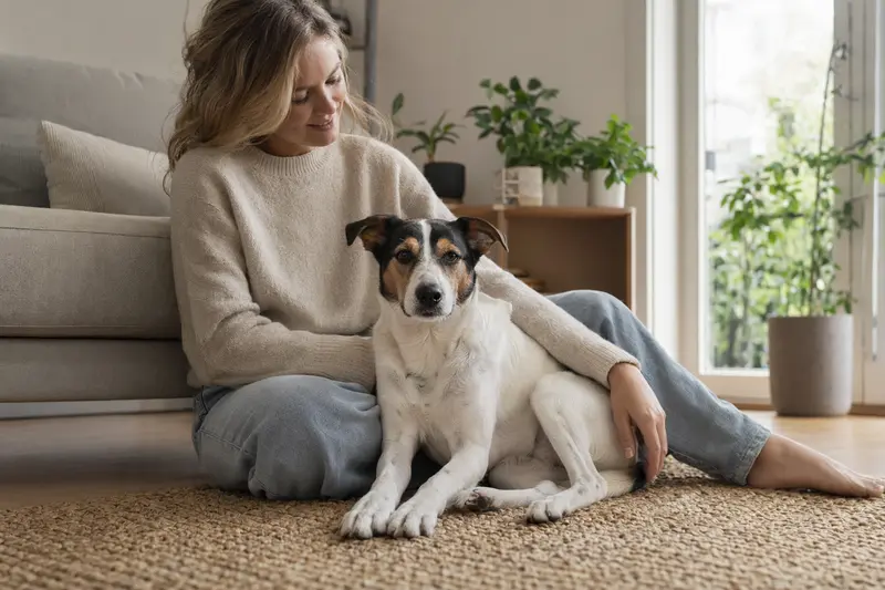 Ein glücklicher Dänisch-Schwedischer Farmhund sitzt entspannt neben seinem Besitzer in einer modernen Wohnung, umgeben von warmem Licht.