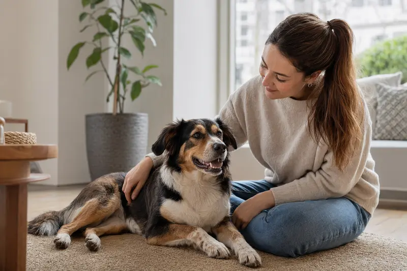 Ein entspannter Dänisch-Schwedischer Hofhund sitzt glücklich neben seinem Halter in einer modernen Wohnung.