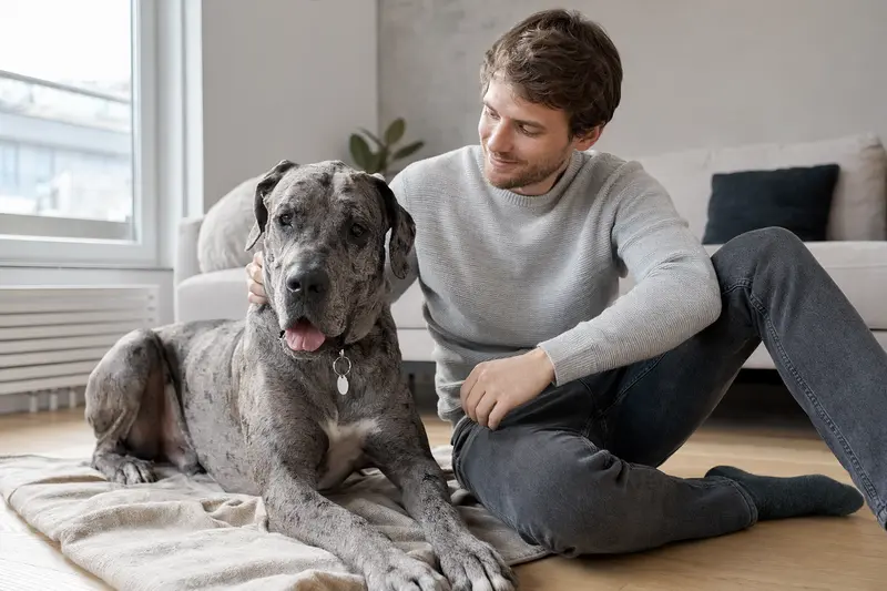 Eine glückliche Dänen Dogge sitzt entspannt neben ihrem Besitzer in einer modernen Wohnung
