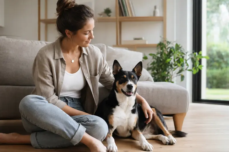 Ein glücklicher Dansk-Svensk Gardshund sitzt entspannt neben seinem Besitzer in einer modernen Wohnung, ideal für Inhalte über Hundever-sicherungen.