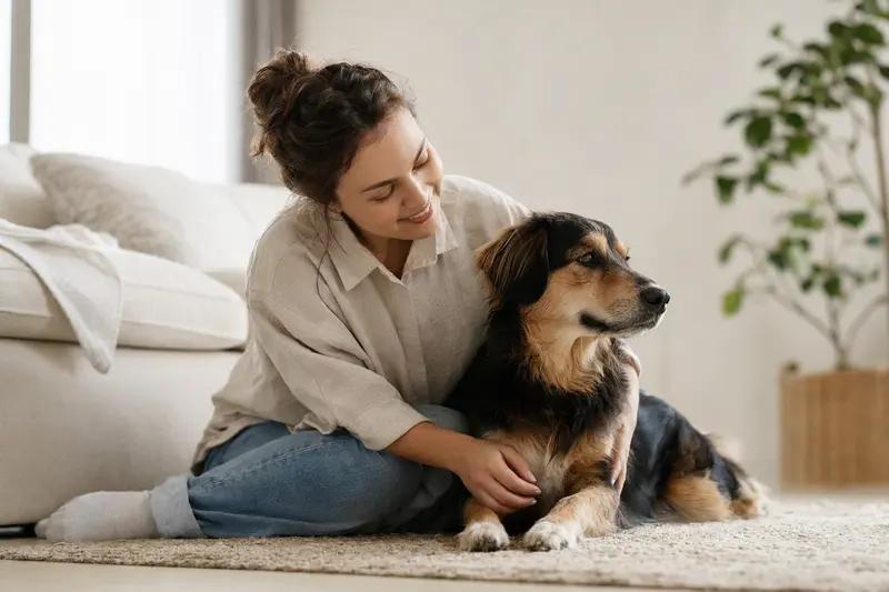 Ein entspannter Designerhund sitzt neben seinem Halter in einer modernen Wohnung und genießt die warme Lichtstimmung.