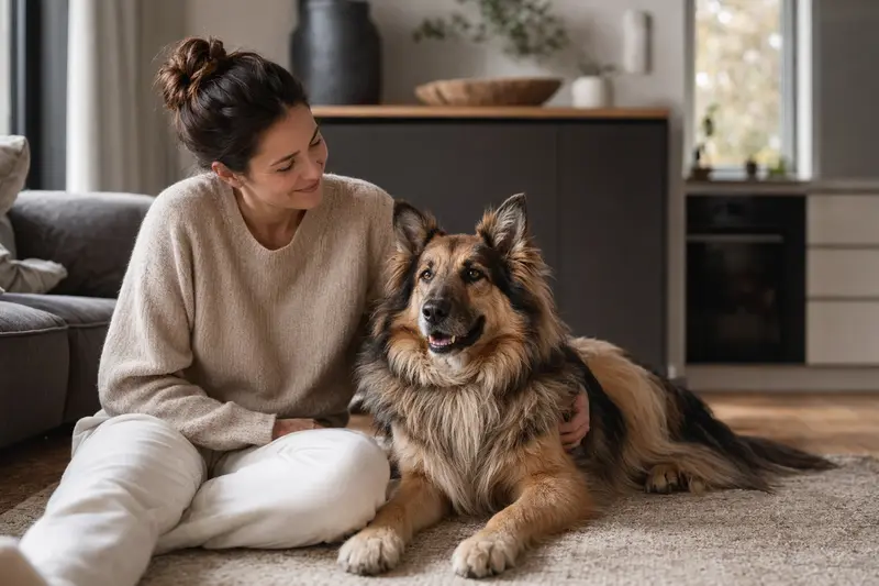 Ein glücklicher Deutsch Langhaar-Hund sitzt entspannt neben seinem Besitzer in einer modernen Wohnung.