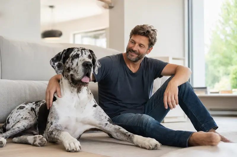 Eine entspannte Deutsche Dogge sitzt neben ihrem glücklichen Besitzer in einer modernen Wohnung.