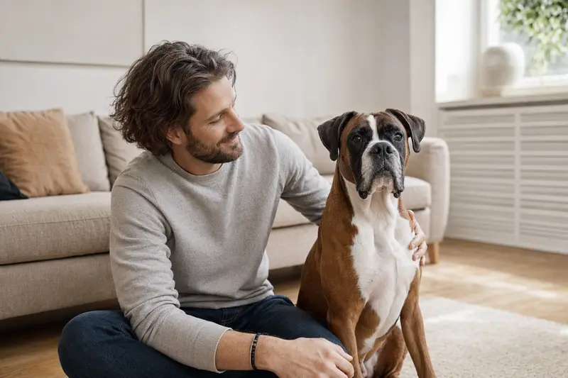 Ein entspannter Deutscher Boxer sitzt neben seinem Halter in einer hellen Wohnung.