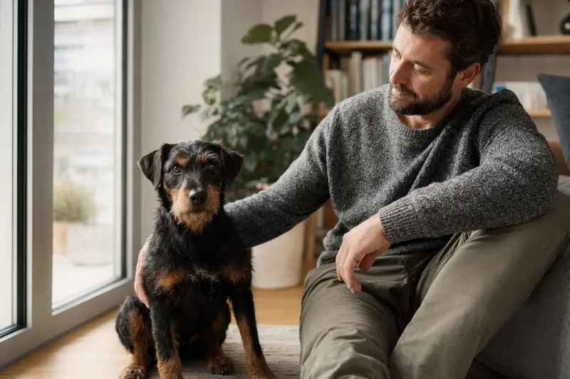 Ein glücklicher Deutscher Jagdterrier sitzt entspannt neben seinem Halter in einer modernen Wohnung.
