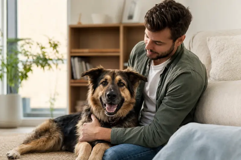 Ein glücklicher Deutscher Schäferhund sitzt entspannt neben seinem Besitzer in einer modernen Wohnung.