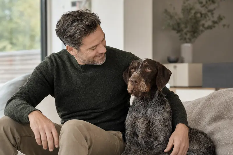 Ein entspannter Deutscher Vorstehhund sitzt neben seinem Halter in einer modernen Wohnung.