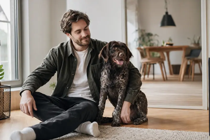Glücklicher Deutscher Wachtelhund sitzt entspannt neben seinem Halter in einer modernen Wohnung.