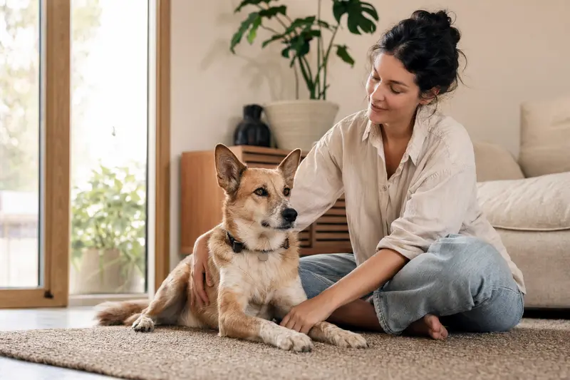 Ein entspannter Dingo sitzt neben seinem Besitzer in einer hellen Wohnung und genießt die vertrauensvolle Atmosphäre.