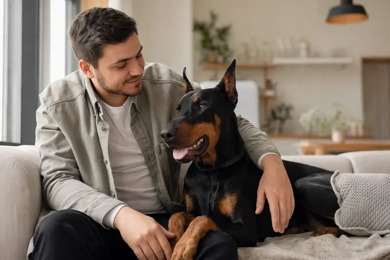 Ein glücklicher Dobermann sitzt entspannt neben seinem Halter in einer modernen Wohnung.