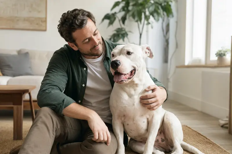 Ein Dogo Argentino sitzt entspannt neben seinem Besitzer in einer modernen Wohnung.