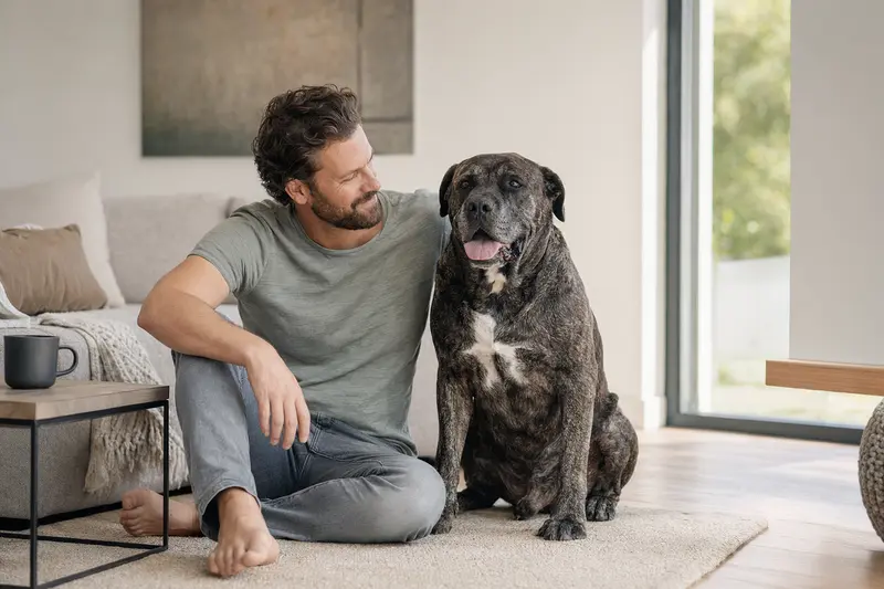 Ein glücklicher Dogo Canario sitzt neben seinem Besitzer in einer hellen Wohnung und genießt die entspannte Atmosphäre.