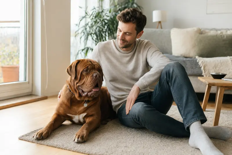Ein entspannter Dogue de Bordeaux sitzt neben seinem Halter in einer hellen Wohnung und vermittelt eine vertrauensvolle Atmosphäre.