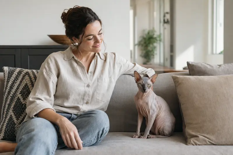 Ein entspannter Don Sphynx sitzt neben seinem Besitzer in einer modernen Wohnung und vermittelt eine vertrauensvolle Atmosphäre.
