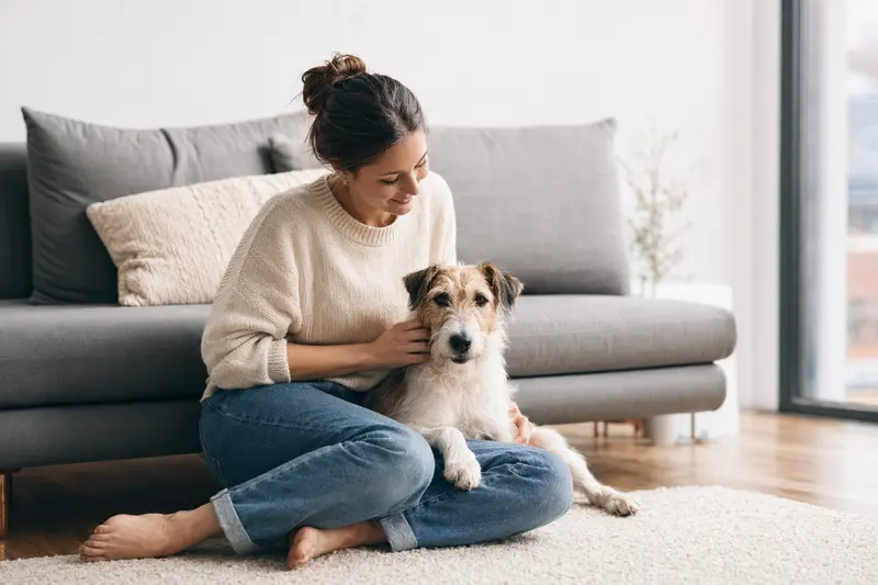 Ein glücklicher Drahthaar-Foxterrier sitzt entspannt neben seinem Besitzer in einem modernen Wohnzimmer.