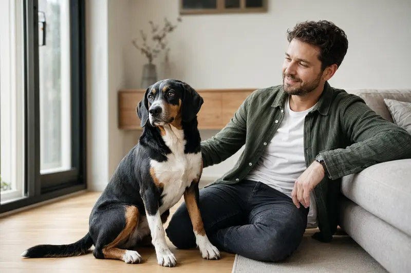 Ein glücklicher dreifarbiger serbischer Laufhund sitzt entspannt neben seinem Besitzer in einer hellen modernen Wohnung.