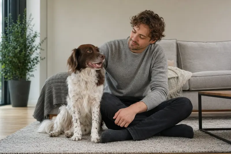 Glücklicher Drentsche Patijshond sitzt entspannt neben seinem Halter in einer hellen Wohnung und vermittelt Vertrauen rund um die Hundeversicherung.