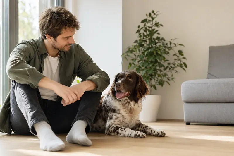 Ein entspannter Drentsche Patrijshond sitzt neben seinem Besitzer in einer modernen Wohnung und strahlt Glück aus.