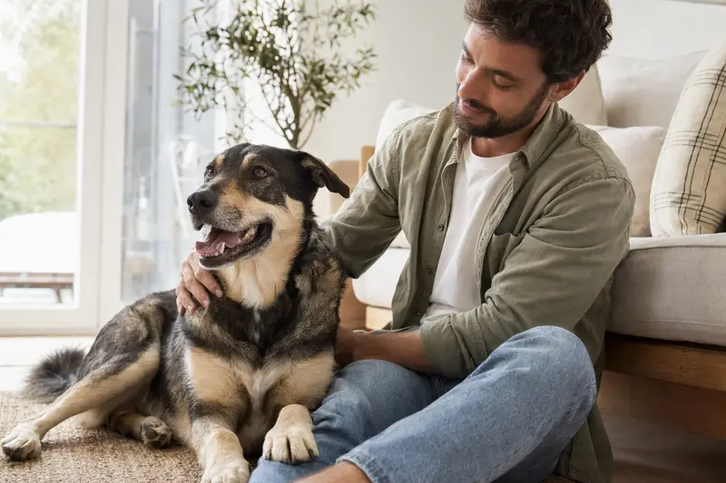 Ein entspannter Hund sitzt neben seinem Besitzer in einer hellen Wohnung und strahlt Zufriedenheit aus.