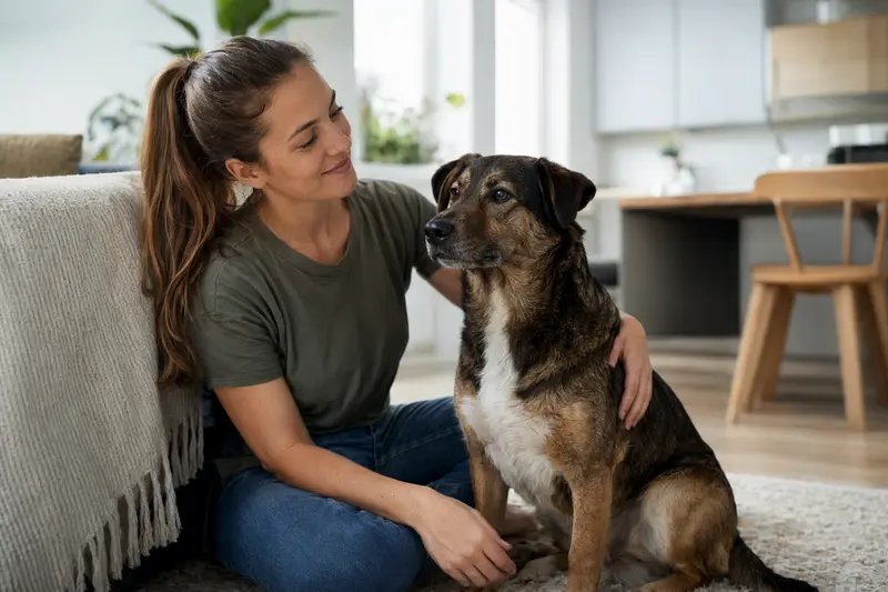 Ein glücklicher Dunkerlaufhund sitzt entspannt neben seinem Besitzer in einer modernen Wohnung.