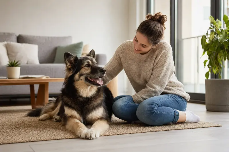 Ein entspannter Elchhund sitzt neben seinem Besitzer in einer hellen Wohnung und strahlt Zufriedenheit aus.