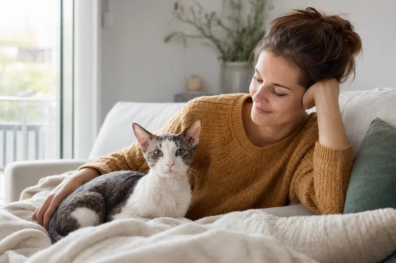 Eine freundliche Elfenkatze sitzt entspannt neben ihrem Besitzer in einer hellen, modernen Wohnung.