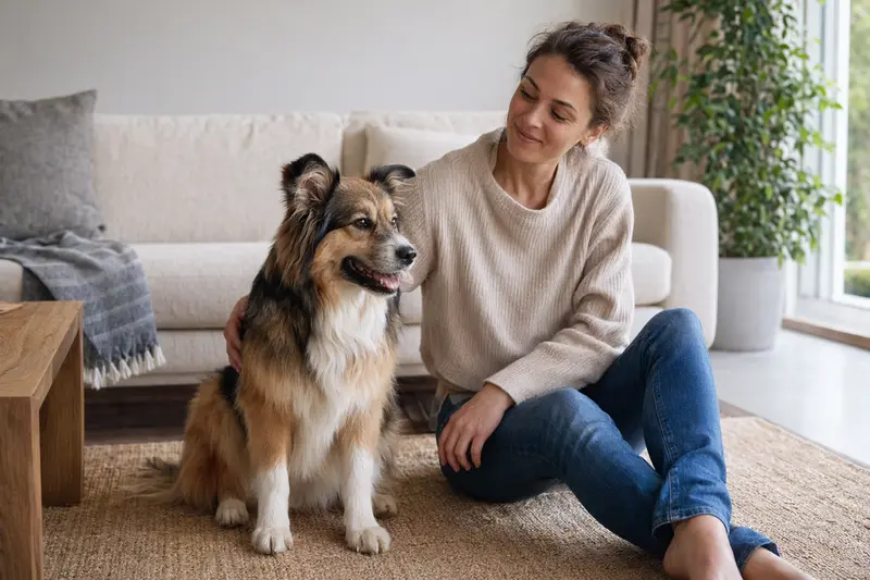 Ein entspannter Elo-Hund sitzt neben seinem Besitzer in einer hellen, modernen Wohnung, umgeben von warmem, natürlichem Licht.