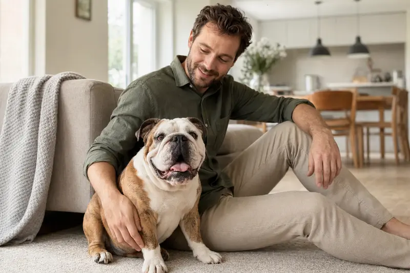 Ein glücklicher Hund, eine Englische Bulldogge, sitzt entspannt neben seinem Besitzer in einer modernen Wohnung und genießt die angenehme Lichtstimmung.