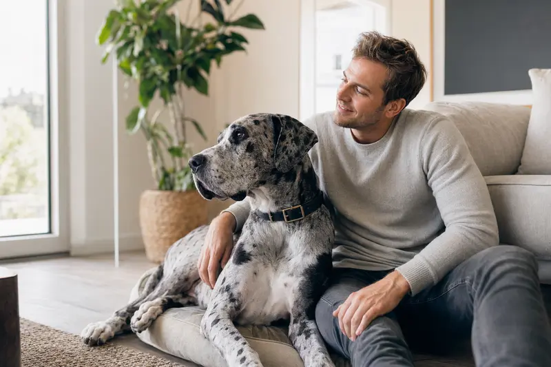 Ein entspannter Englische Dogge sitzt neben seinem Halter in einer modernen Wohnung, während warmes Licht durch das Fenster fällt.