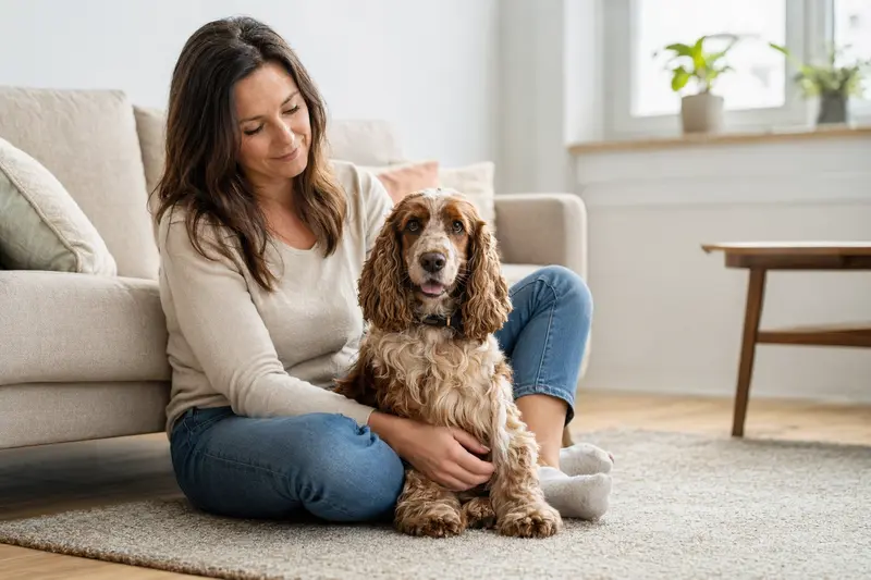 Ein glücklicher Englischer Cocker Spaniel sitzt entspannt neben seinem Besitzer in einer lichtdurchfluteten Wohnung.