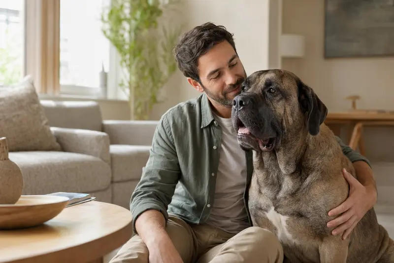 Ein entspannter Englischer Mastiff sitzt neben seinem Besitzer in einer modernen Wohnung und strahlt Vertrauen aus.
