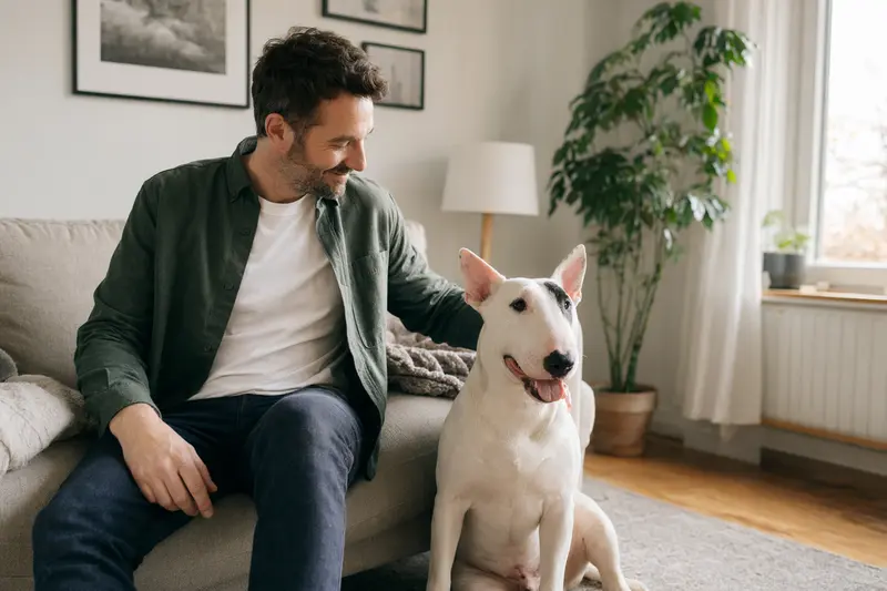 Ein glücklicher English Bull Terrier sitzt entspannt neben seinem Halter in einer modernen Wohnung.