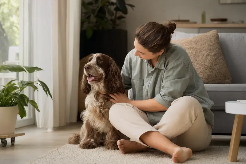 Ein entspannter English Cocker Spaniel sitzt neben seinem Besitzer in einer hellen modernen Wohnung und strahlt Vertrauen aus.
