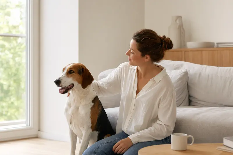 Ein glücklicher English Foxhound sitzt entspannt neben seinem Besitzer in einer modernen Wohnung und strahlt Zufriedenheit aus.