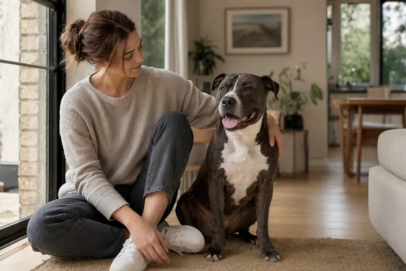 Ein entspannter English Pitbull Terrier sitzt neben seinem Besitzer in einer hellen, modernen Wohnung, unterstreicht die vertrauensvolle Atmosphäre.