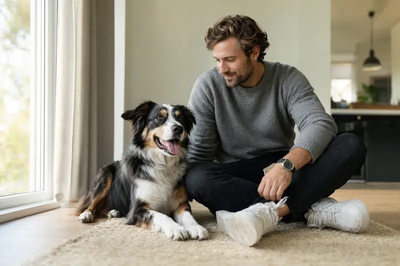 Ein glücklicher English Shepherd sitzt entspannt neben seinem Halter in einer modernen Wohnung.