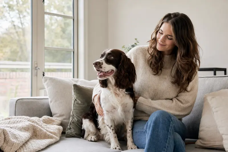 Ein glücklicher English Springer Spaniel sitzt entspannt neben seinem Halter in einer modernen Wohnung.