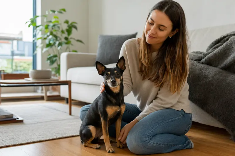 Ein freundlicher English Toy Terrier sitzt entspannt neben seinem Besitzer in einer modernen Wohnung.