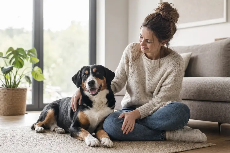 Ein entspannter Entlebucher Sennenhund sitzt neben seinem glücklichen Besitzer in einer hellen Wohnung.