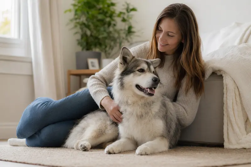 Ein entspannter Eskimohund sitzt glücklich neben seinem Halter in einer modernen Wohnung.